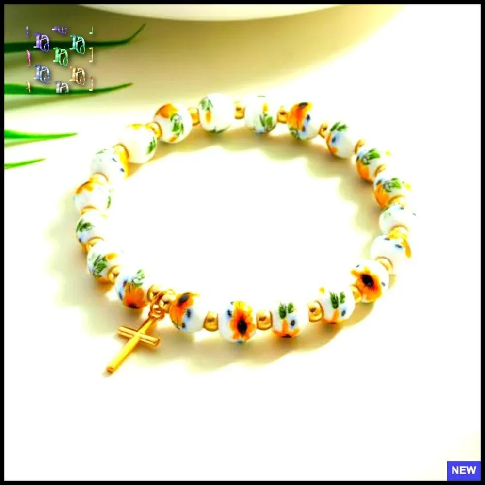 Floral Beaded Stretch Bracelet with Cross Charm Elegant Religious Jewelry